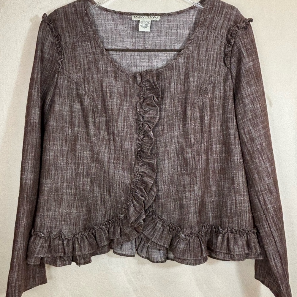 BAMBOO TRADERS SHIRT JACKET LONG SLV SNAP FRONT RUFFLED BROWN COTTON BLEND TOP L